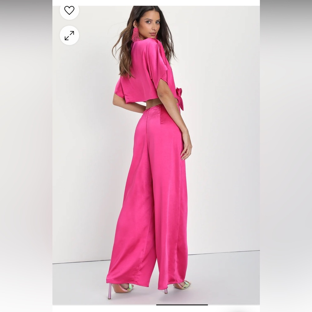 Lulu's Fuchsia Satin Plunge Tie-Front Wide-Leg Jumpsuit - Picture 4 of 5